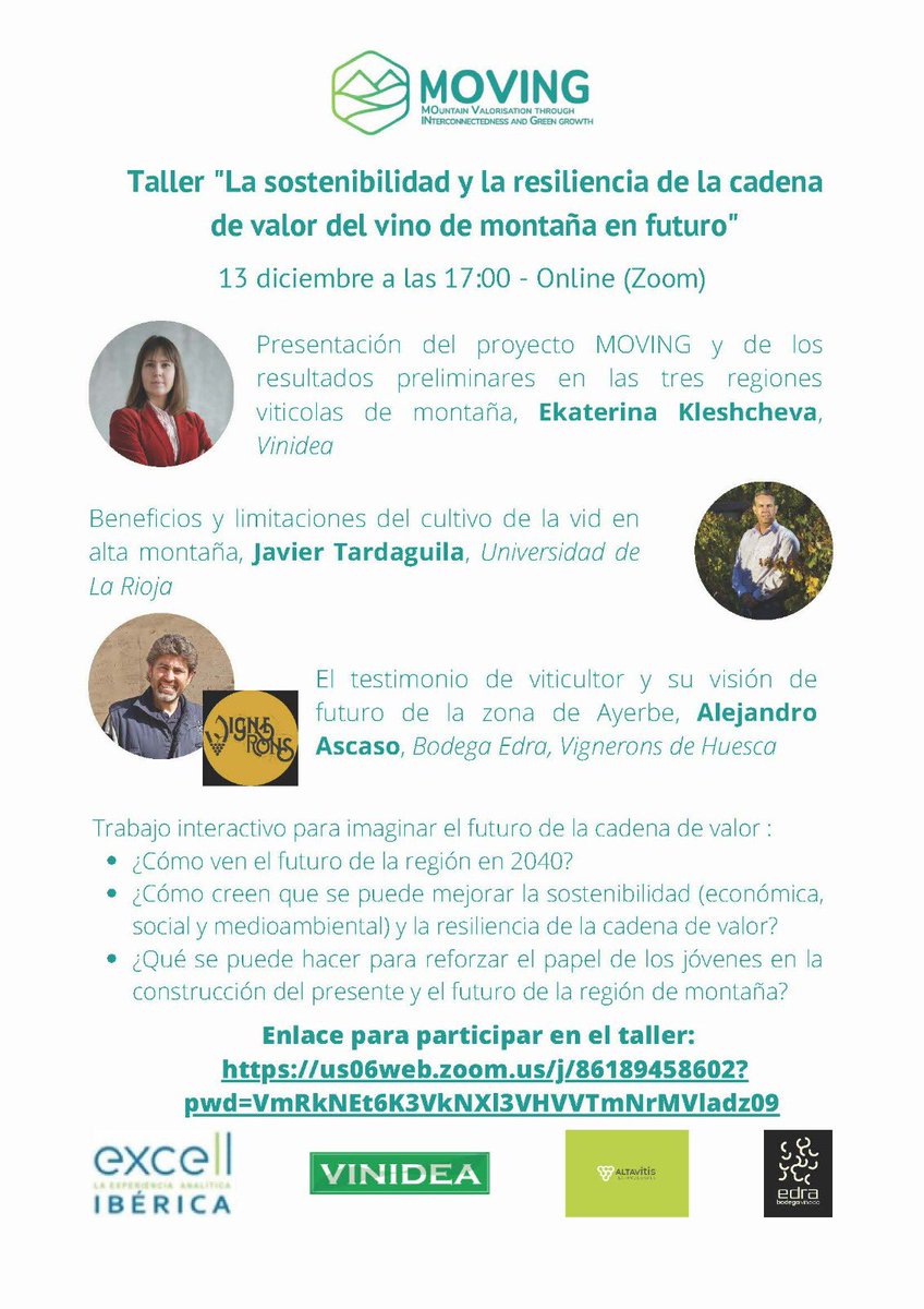 Este martes 13 de diciembre a las 17:00 Javier Tardaguila participará en en Taller “La sostenibilidad y la resiliencia de la cadena de valor del vino de montaña en futuro”

<a href="/IbericaExcell/">Excell Ibérica</a> #Vinidea <a href="/edrabodega/">edra bodega</a>