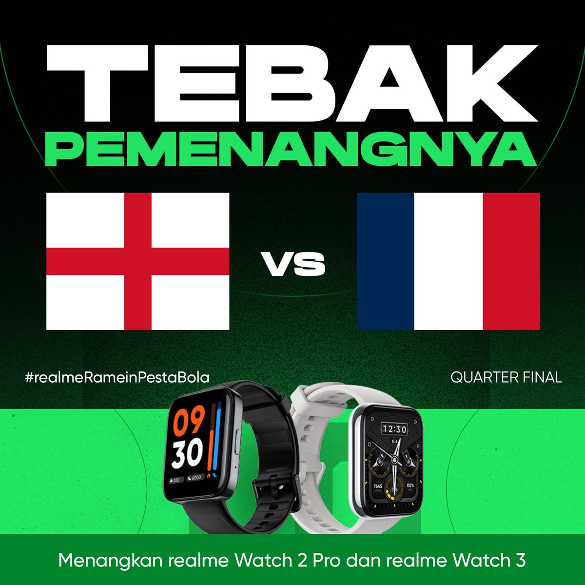 realmeindonesia's tweet photo. 🏴󠁧󠁢󠁥󠁮󠁧󠁿 vs 🇫🇷

Inggris bisa kalahin juara bertahan ATAU Prancis tetap mendominasi? 🔥#realmeRameinPestaBola

Caranya: 

1. FOLLOW @realmeindonesia 
2. QUOTE Tweet ini sebutkan pemenangnya
3. Gunakan hashtag #realmeRameinPestaBola
4. Periode sampai 11 Des pukul 03:00 WIB https://t.co/v9eDv00cZc