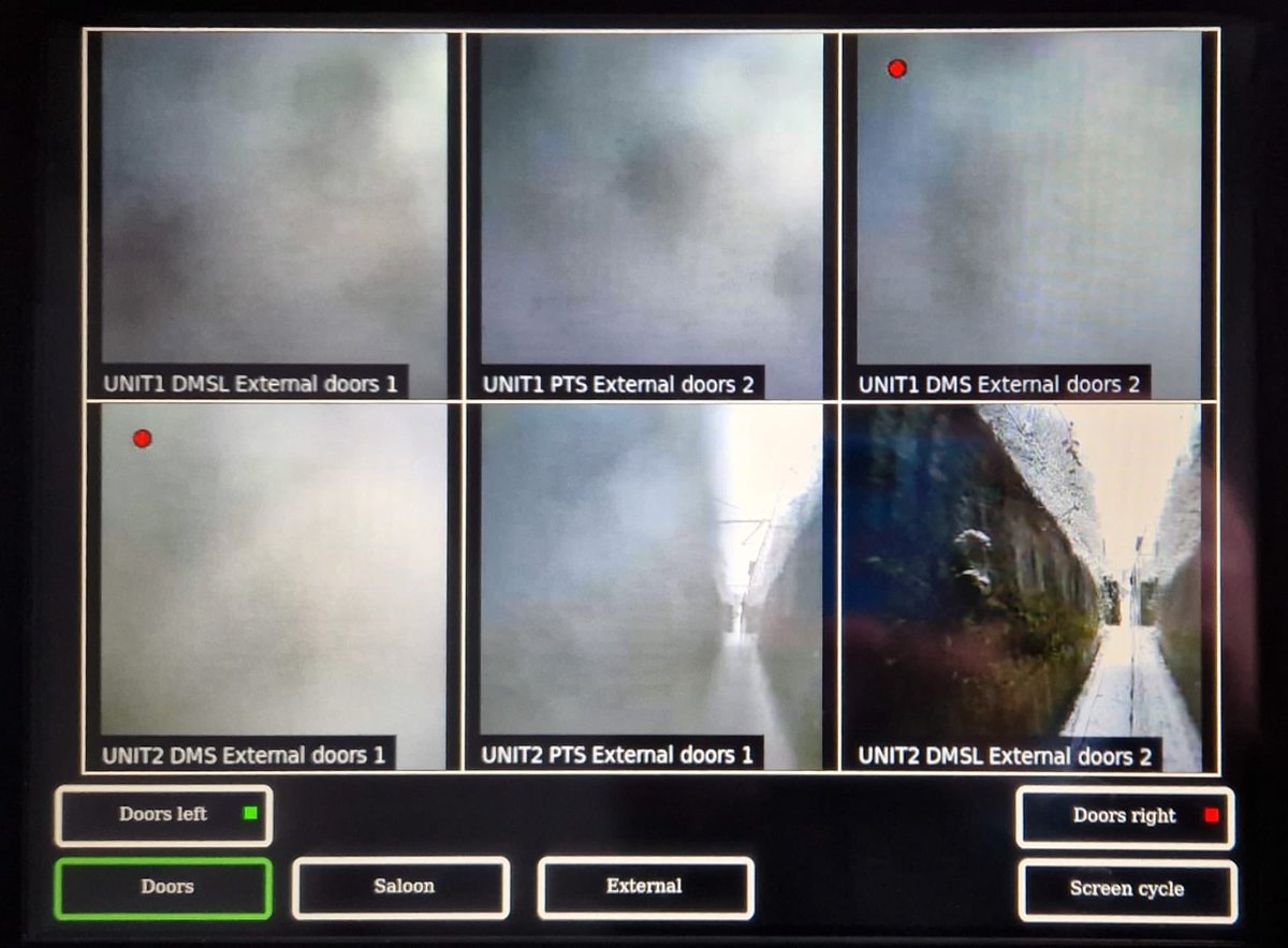 RMTunion's tweet photo. View from a Class 195 unit:

This is the view through the trains external door cameras this morning. Almost all of them rendered useless by a flurry of snow.

The reality of Driver Only Operation https://t.co/ncxSVnCozN