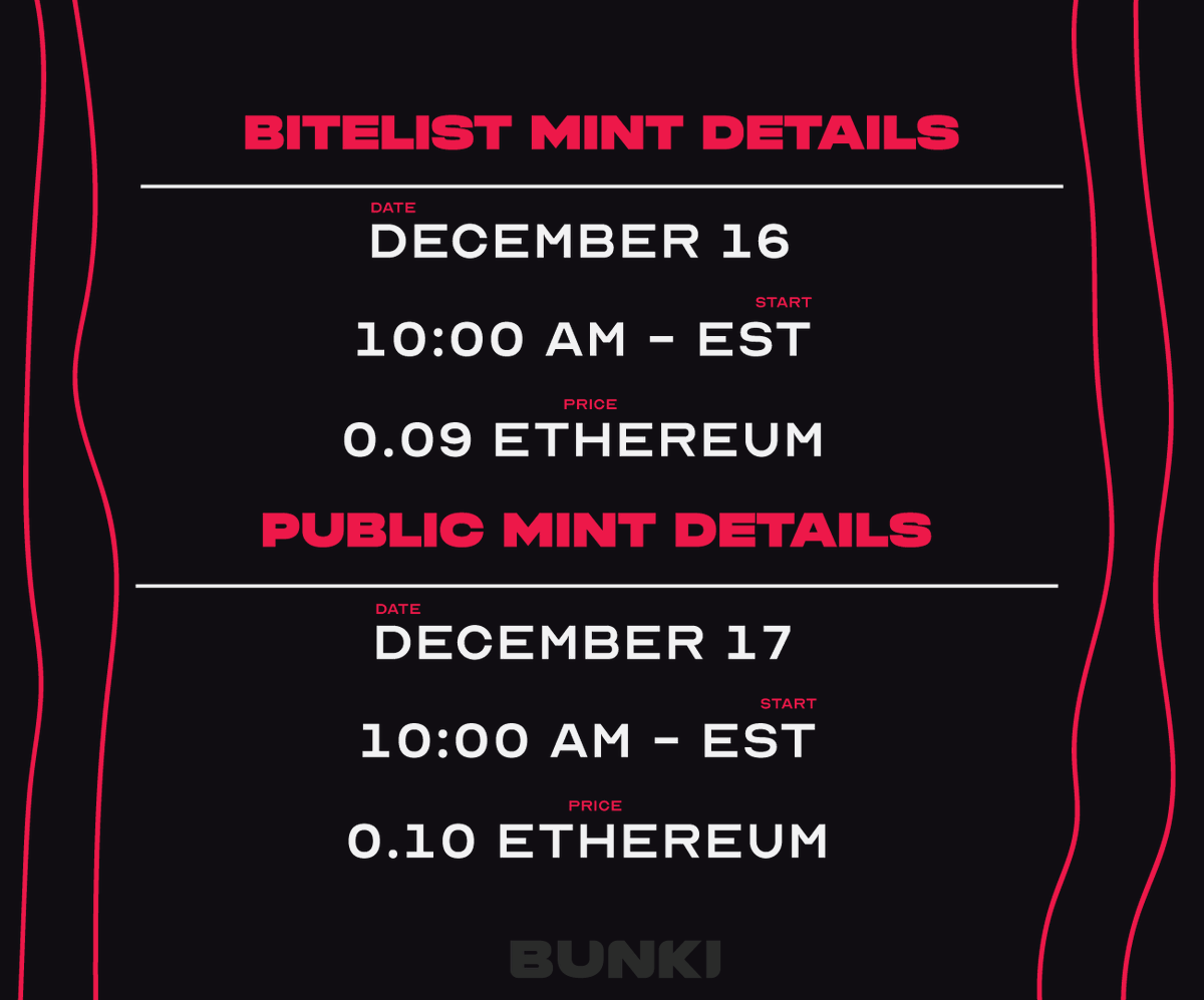 BunkisBasement's tweet photo. MINT DETAILS

Everyone on our @Bitelist will have 24 hours.
Public mint will go until we sell out.

We are in this for the long haul. One step at a time. https://t.co/k3MXvplRvt