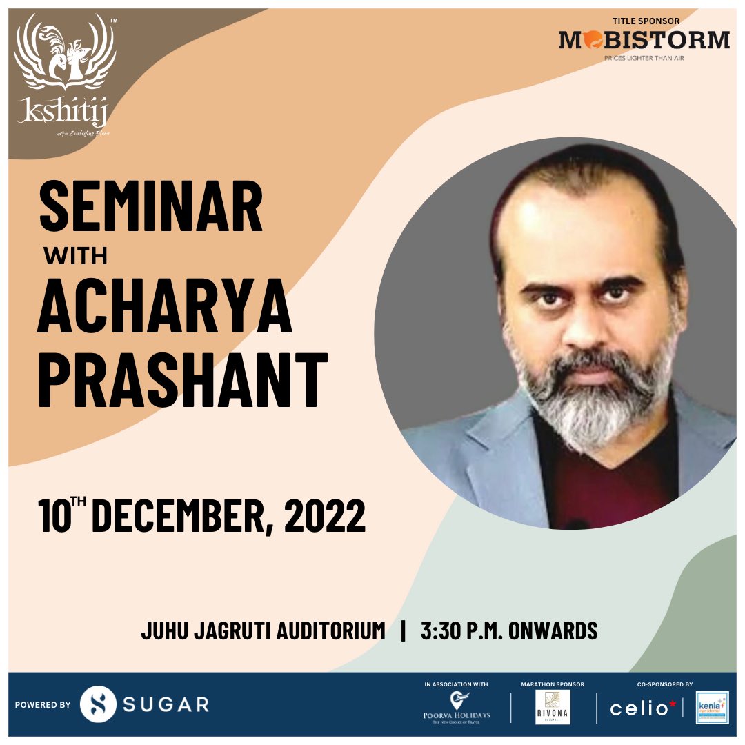 Mithibaikshitij's tweet photo. Mithibai Kshitij presents yet another interactive session with Acharya Prashant, Vedanta Exegete. He is a National bestselling author, IIT-IIM Alumnus, ex-Civil Servant. 

Join us for a seminar on lessons that are surely going to change your perspective of life!🌟 https://t.co/63uK4LpfvO