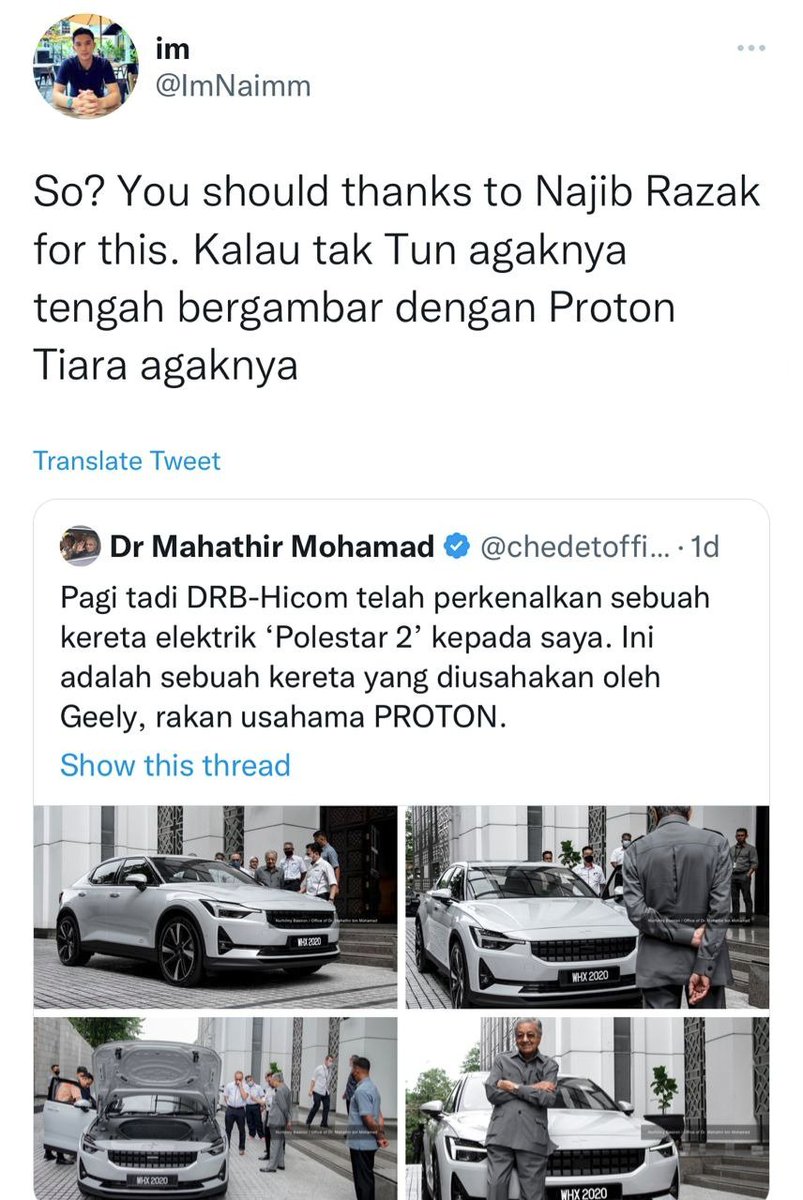 #RT <a href="/NajibRazak/">Mohd Najib Tun Razak</a>: Jap. Proton bukan kononnya sudah dijual Najib kepada China seperti dituduh Tun M?

Kenapa Tun M amat bangga pulak?

Dan apa salah Proton Tiara?
