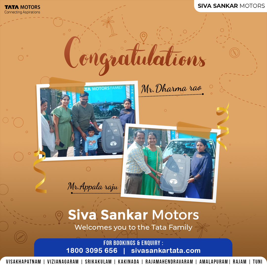 Welcoming new customers to the Siva Sankar Motors & to the Tata Family!  Thank you for your business and enjoy the new ride.

For sales & services call us: 1800 309 5656

#SivaSankarMotors #HappyCustomers #TataMotorsCars ​#TataMotorsPassengerVehicles #IndiasSafestCar