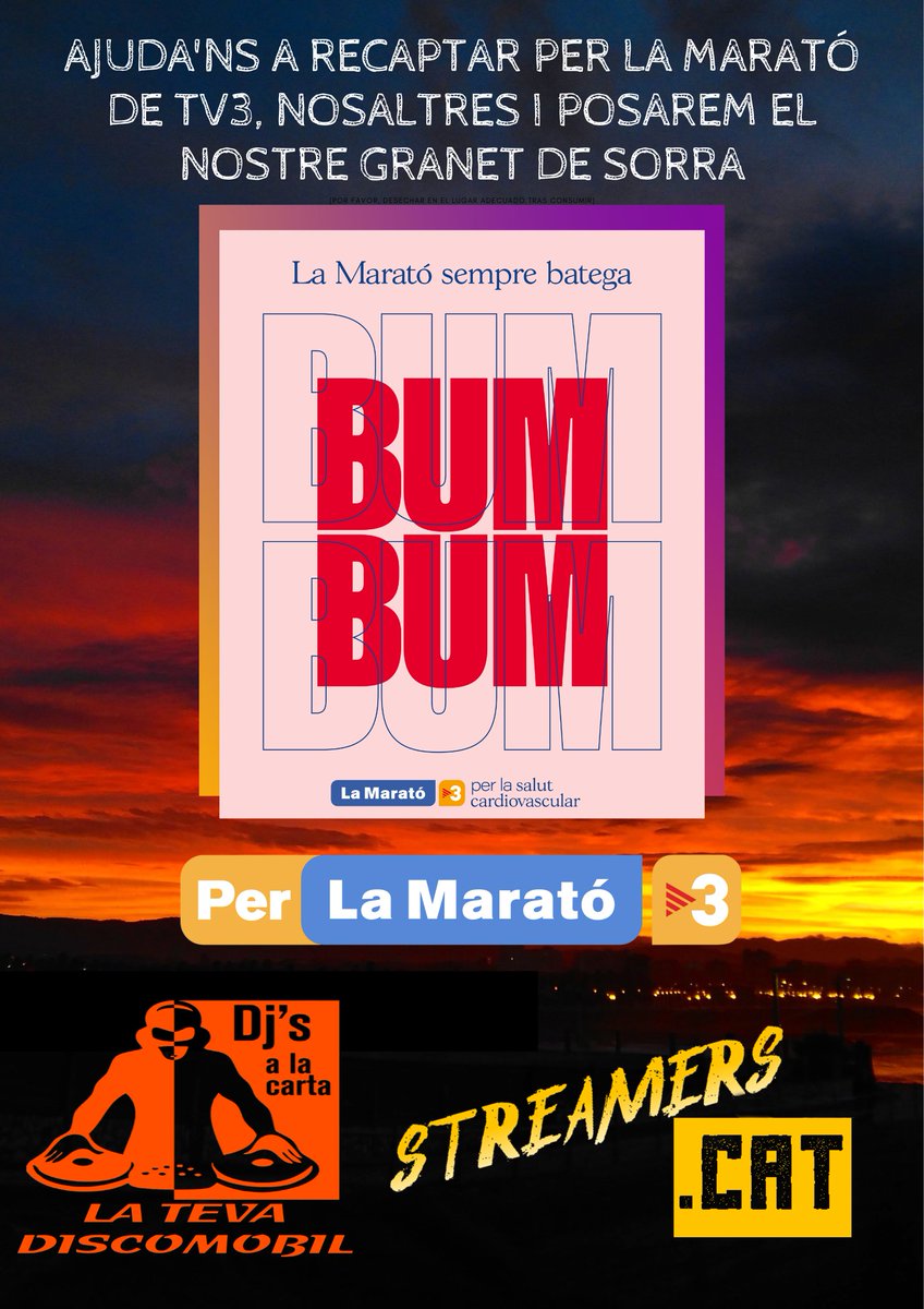 djsalacarta's tweet photo. Setmana de la Marató, ajudants a recaptar per les malalties cardiovasculars a l'enllaç, tens de temps fins al 31 de desembre.
Del 12 al 18 en directe a https://t.co/y1Nimt0mS5 a partir de les 7 de la tarda, no hi faltis.
https://t.co/wAUediLUhe https://t.co/2dbs30O0Ia