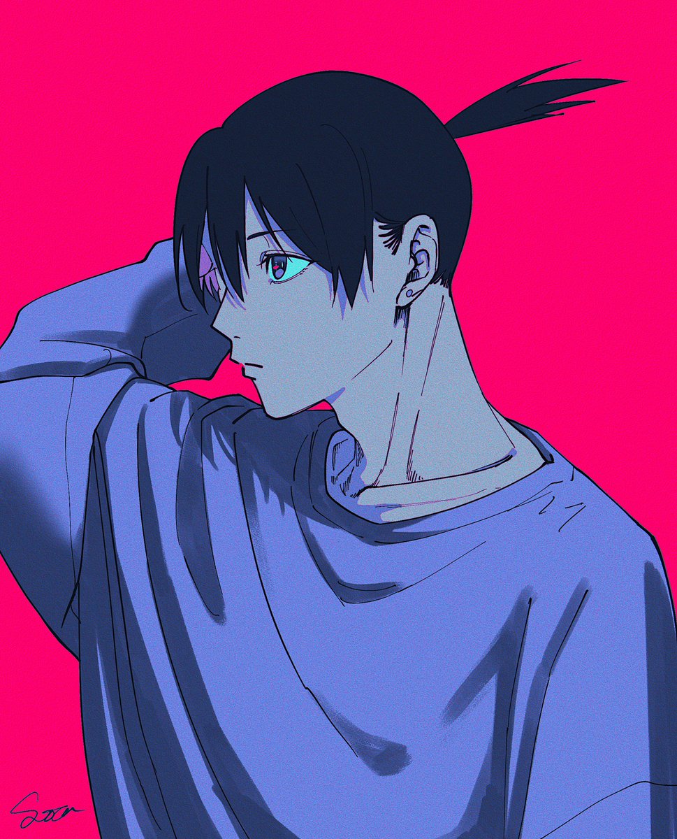 hayakawa aki 1boy solo black hair simple background male focus pink background shirt  illustration images