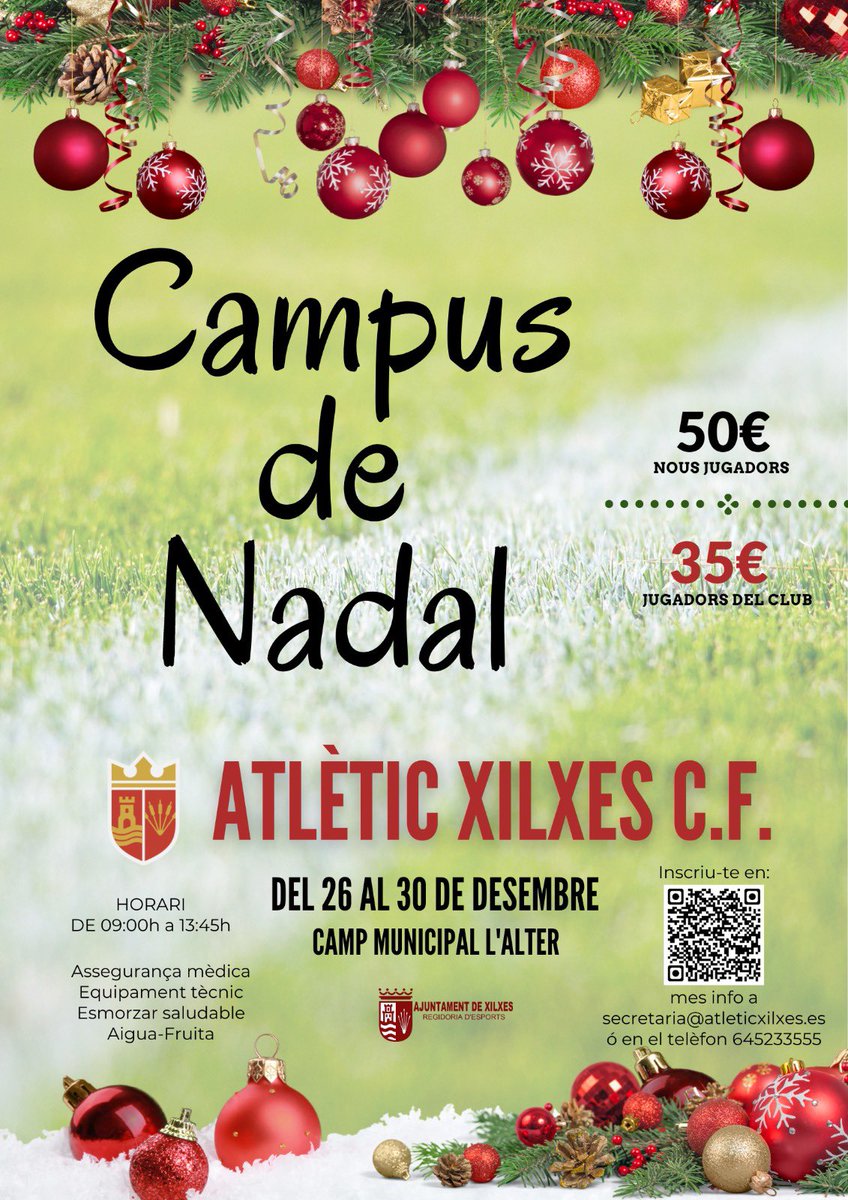 Ja podeu apuntar-vos al campus de Nadal de l’Atlètic Xilxes que tindrà lloc del dia 26 al 30 de desembre.

#corverdet💚 #ATXilxesCF #somatlètic #campusdenadal #tornarem #xilxesdeporte