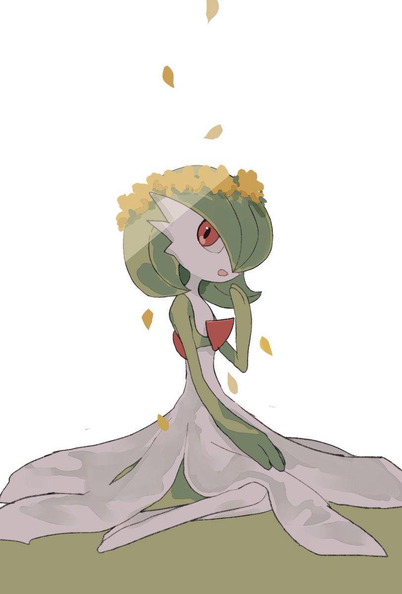 gardevoir solo pokemon (creature) petals green hair red eyes hand up sitting  illustration images