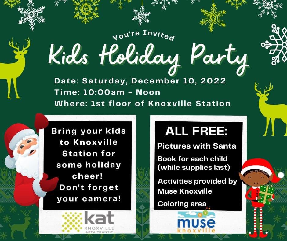 kat_bus's tweet photo. Join us TODAY at Knox Station for our Kids Holiday Party: 10am-Noon! Take photos w/ Santa (bring your own camera), kids activities w/ @MuseKnox & get a kids book for each child you bring (while supplies last). ALL FREE! Activities for 12 & under.
#KATGoesThere #RideForCheer https://t.co/oIvsuVHZEL