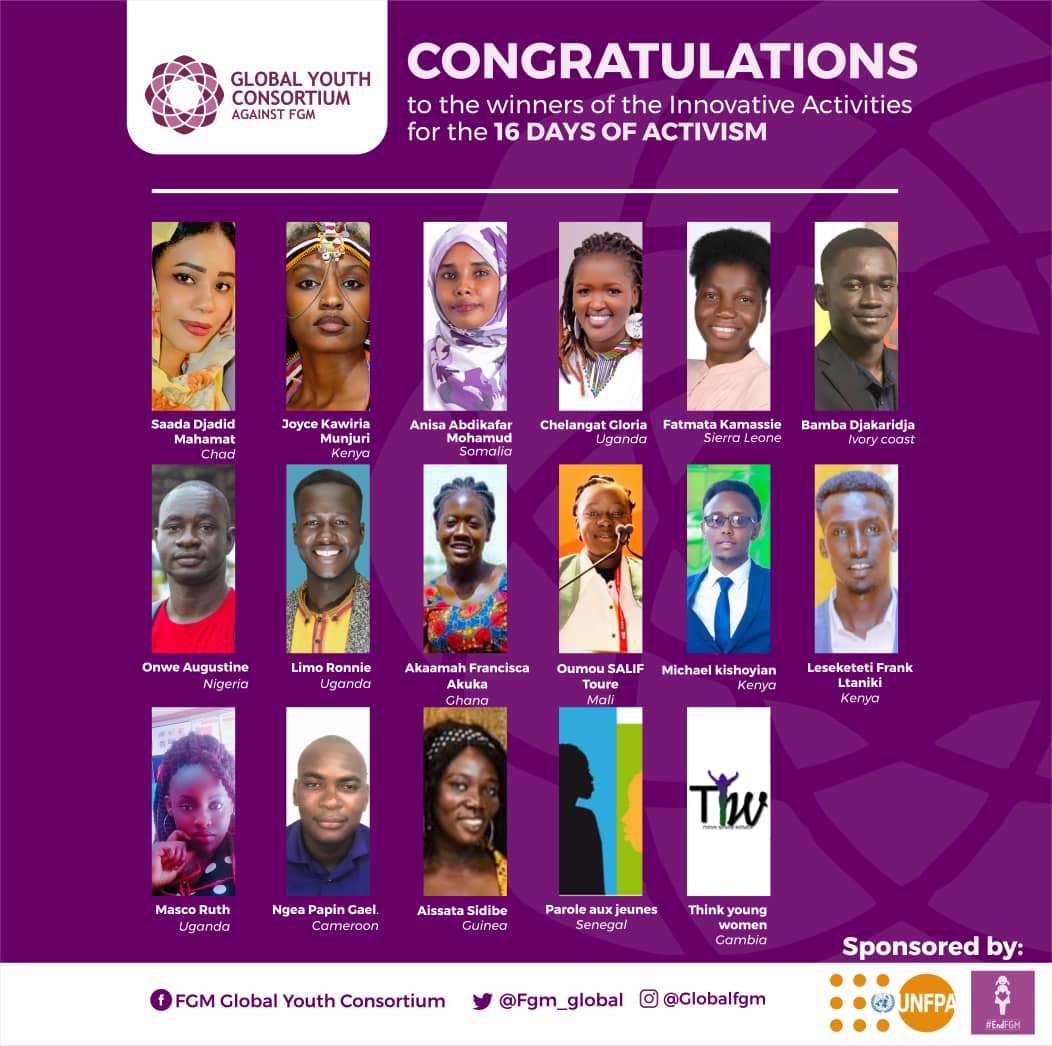 @fgm_global is pleased to announce its innovative winners📢

Congratulations to all the winners of #EndFGM innovative activities for the #16DaysofActivism2022 

Each innovator will receive grant 💲 funding to grow & scale their activities to #EndFGM. Thanks to @UNFPA @GPtoEndFGM