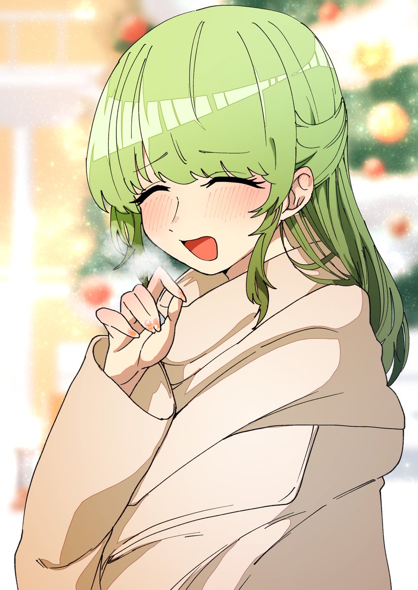 1girl green hair closed eyes solo blush christmas tree open mouth  illustration images