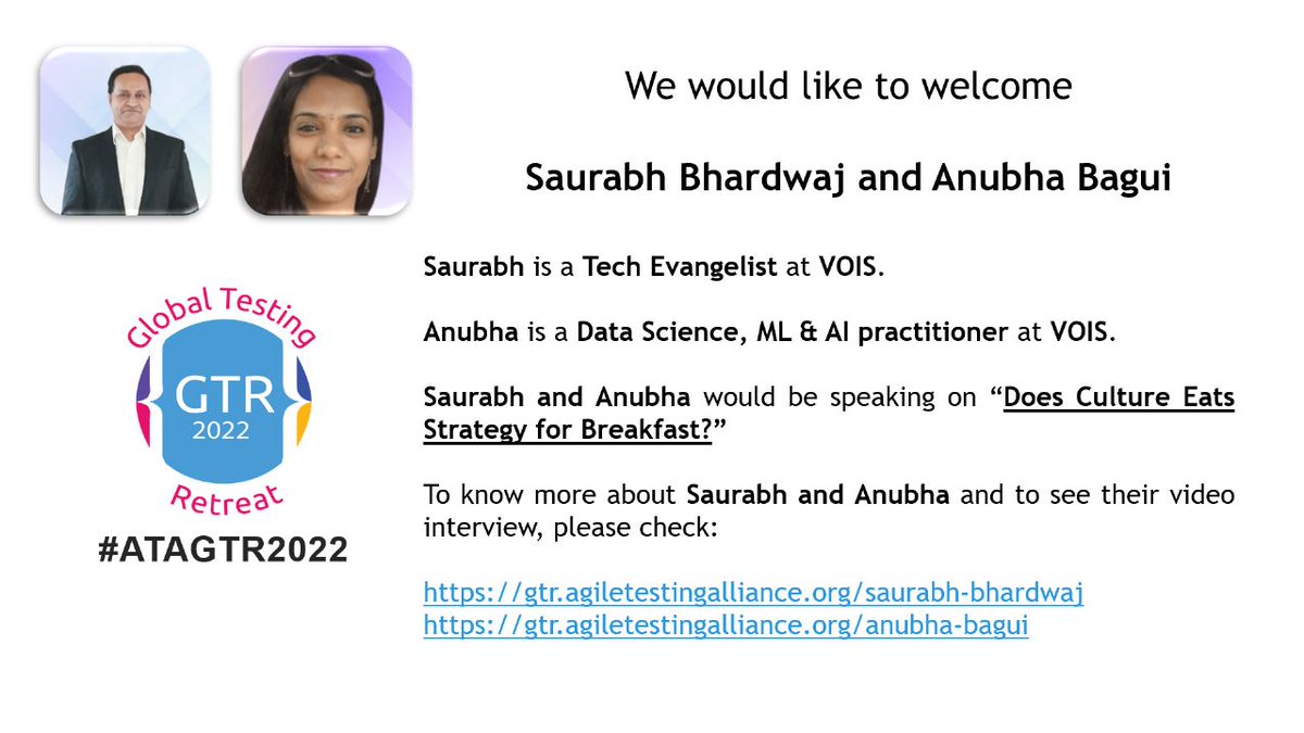 Next on the Track, we have Saurabh Bhardwaj and Anubha Bagui who wants us to question, 'Does Culture Eats Strategy for Breakfast?'. Interesting. 

Let's Tune in to join them and hear it out in detail.

#atagtr2022 #session6 #ATAGTR2022 #GTR2022
