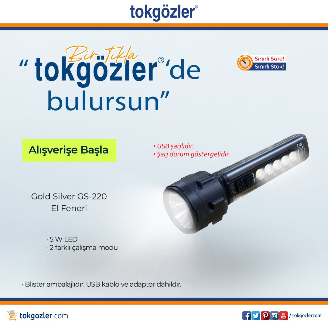 tokgozlercom's tweet photo. Gold Silver GS-220 2 Modlu 5W LED USB Şarjlı El Feneri
Bir Tıkla "tokgözler'de bulursun"
► https://t.co/Y2Vc4UH48X
#tokgozlercom #GoldSilver #ElFeneri #Fener #LedFener #Aydınlatma #ElAletleri #YapıMarket #Hırdavat #tokgözler #toko #Bursa #Türkiye https://t.co/yHlZNYsYSg