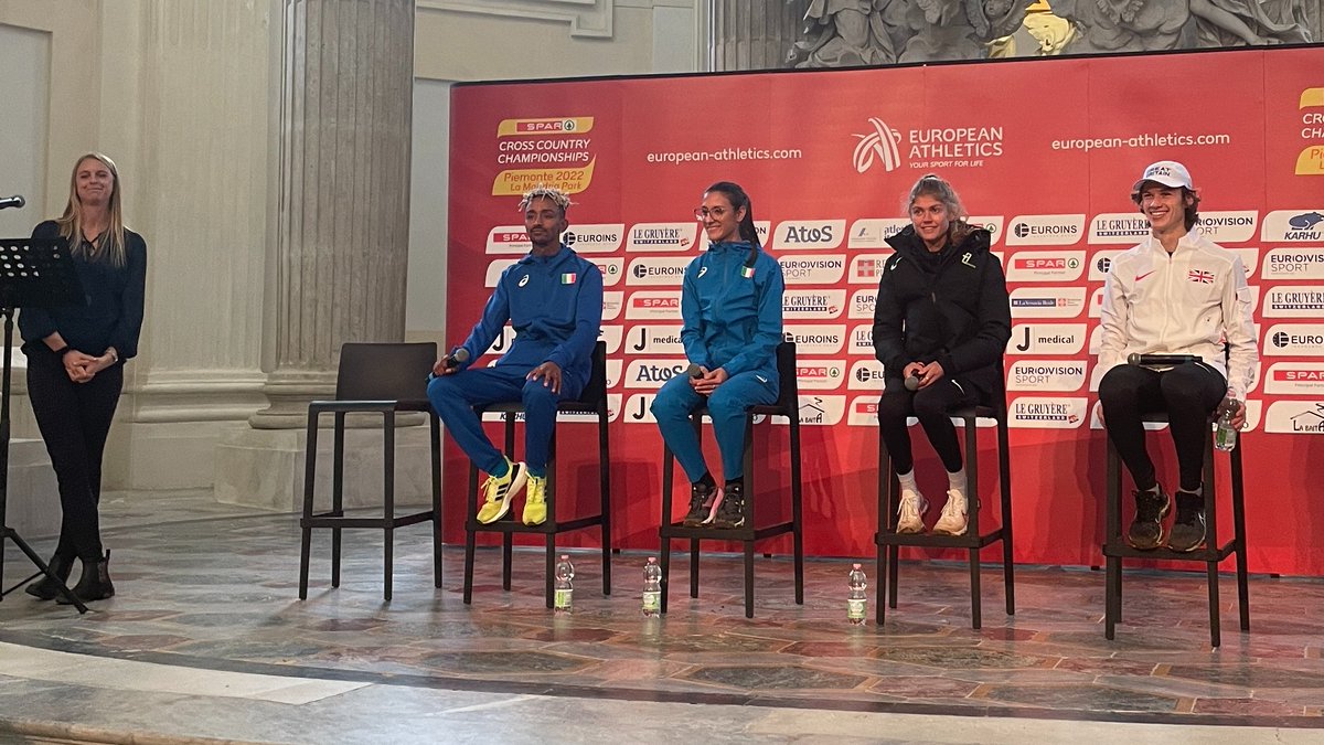Nadia Battocletti, Yeman Crippa, Charles Hicks &amp; Konstanze Klosterhalfen talk to the media ahead of Sunday's Euro Cross in Turin. #Piemonte2022
