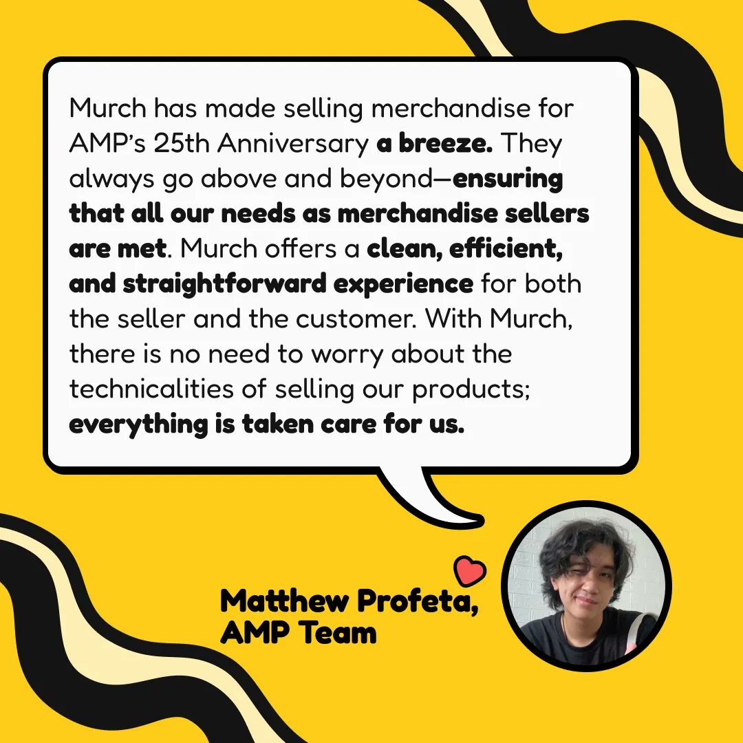 murchshop's tweet photo. “Murch always goes above and beyond—ensuring that all our needs as merchandise sellers are met.” 😳✨

Read more on Matthew and his team’s smooth experience with Murch in setting AMP’s 50th Anniversary merch drop into motion. 🎉

#murchshop 🛍 https://t.co/Qu7EXw00O7