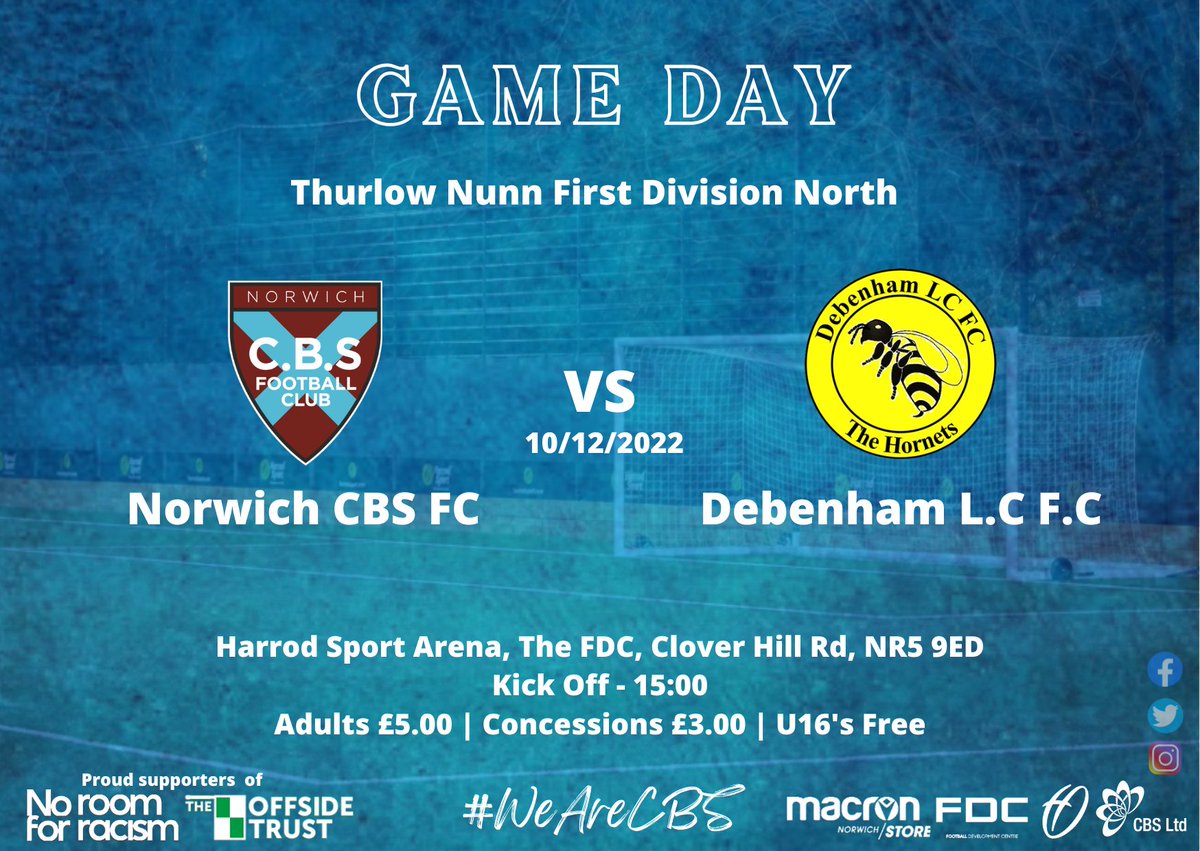 NorwichCBSFC's tweet photo. Game On!

Today we welcome @DebenhamLCFC to the @theFDCNorfolk @HarrodSport Arena.

All details of todays game 👇 

We're looking forward to welcoming everyone to todays game, hot drinks will be available from the club house.

#WeAreCBS https://t.co/4nzAmshVAY