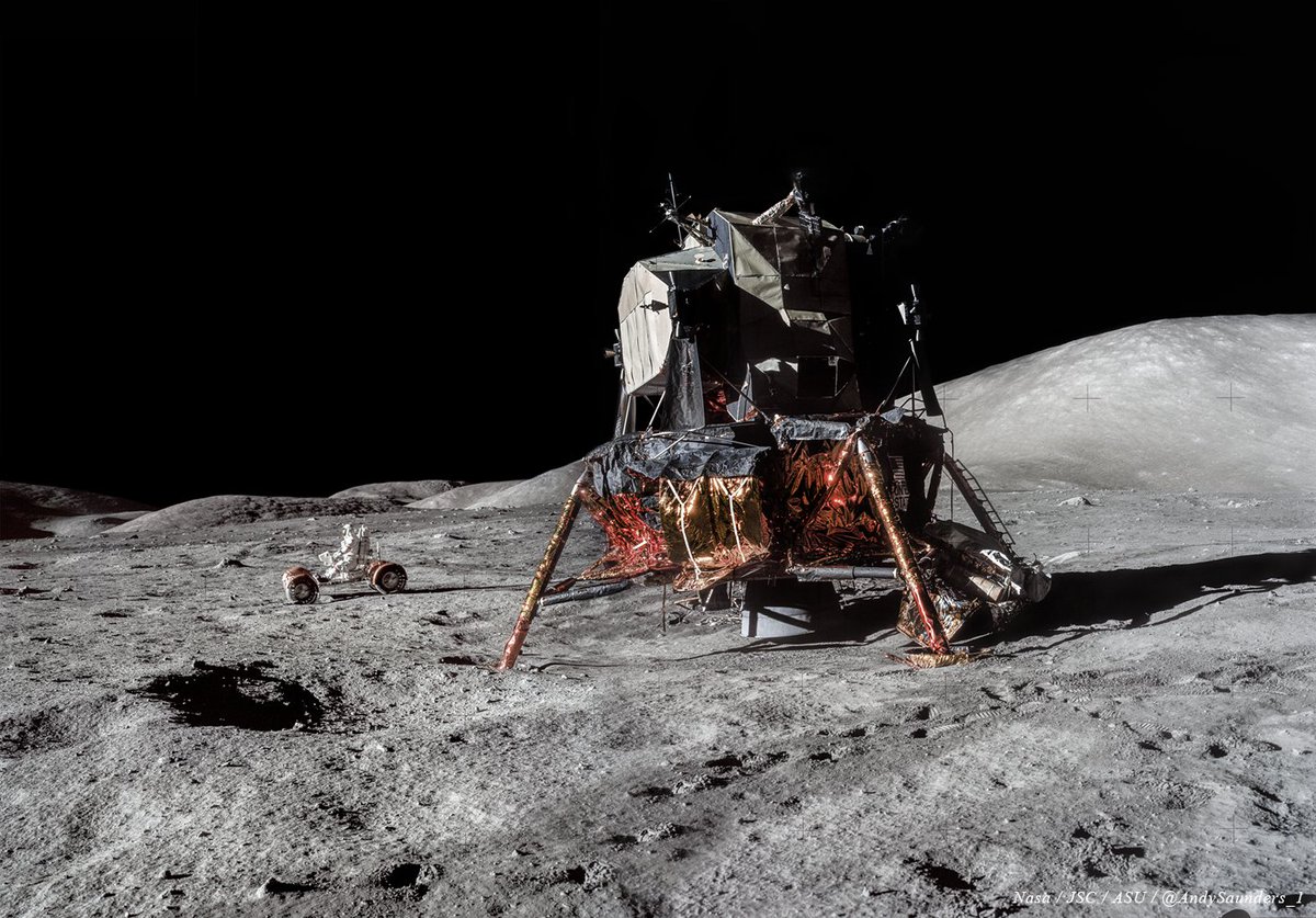 50 years ago today, the last men landed on the Moon.
Schmitt: “We is here!”
Cernan made his way out first: “God, that LM is a pretty sight!”
South Massif is 4.5 miles away.
4 shot stitched panorama, remastered from original flight film.
#ApolloRemastered