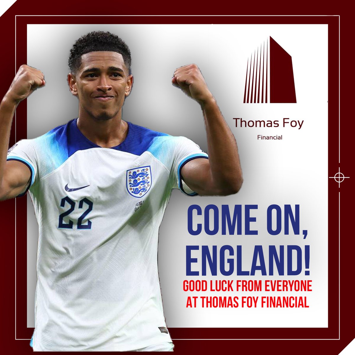 FinancialFoy's tweet photo. 🏴󠁧󠁢󠁥󠁮󠁧󠁿 Everyone at Thomas Foy Financial would like to wish the #ThreeLions  the best of luck against France this evening. 

Come on, @England! 🙌 #FIFAWorldCup https://t.co/w7WQ3KAGDo
