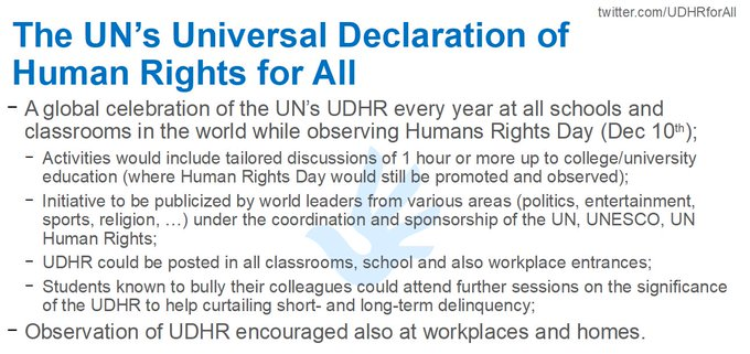 UDHRforAll's tweet photo. @antonioguterres @AAzoulay @volker_turk @UN_PGA @GuyRyder 𝗣𝗟𝗘𝗔𝗦𝗘 focus on #HumanRights education, on tomorrow's leaders. Start a yearly celebration of UN #UDHR on #HumanRightsDay, all classrooms, workplaces in the world coordinated by @UN @UNESCO @UNHumanRights @UNICEF @ILO https://t.co/GBMvwIxy2w