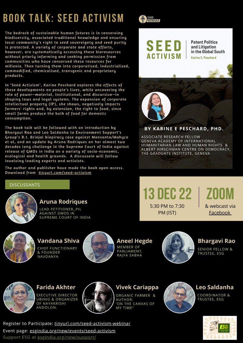 leofsaldanha's tweet photo. Please register & join this book talk by @KPeschard on “Seed Activism”, followed by a discussion on #sovereignty of #seed, #food & #biodiversity; as well as threats to them from #biopiracy #bioloot #bioextraction, in the context of @CBD_COP15. https://t.co/yruEkZTaTb https://t.co/d1QJw3B18k