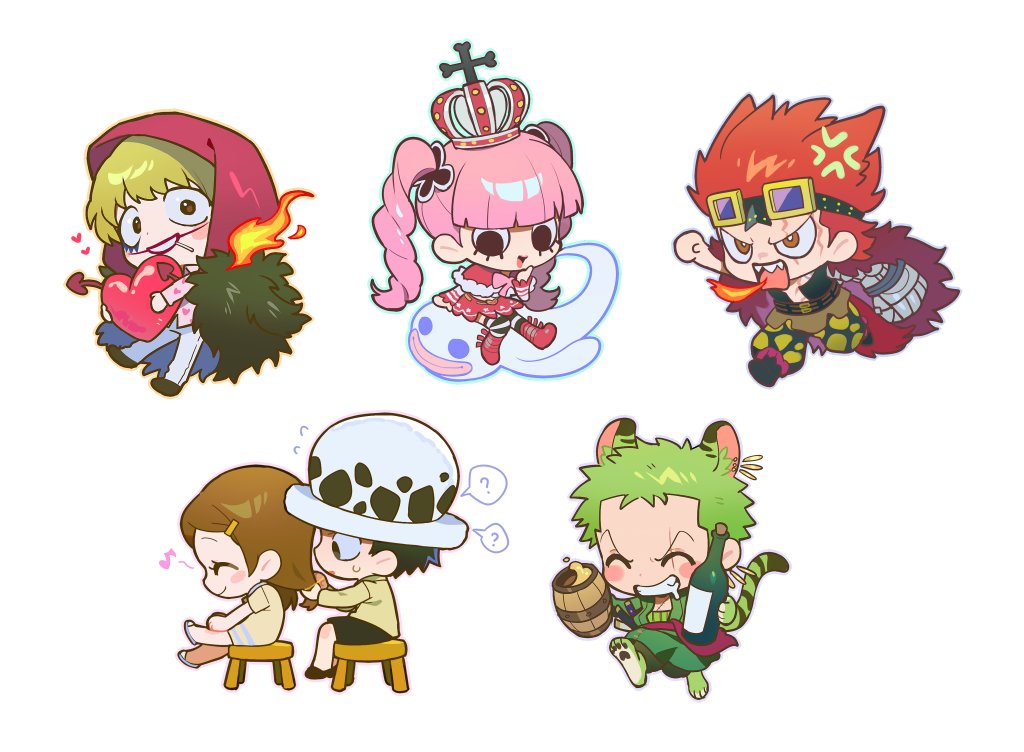 roronoa zoro crown multiple girls chibi musical note green hair smile closed eyes  illustration images