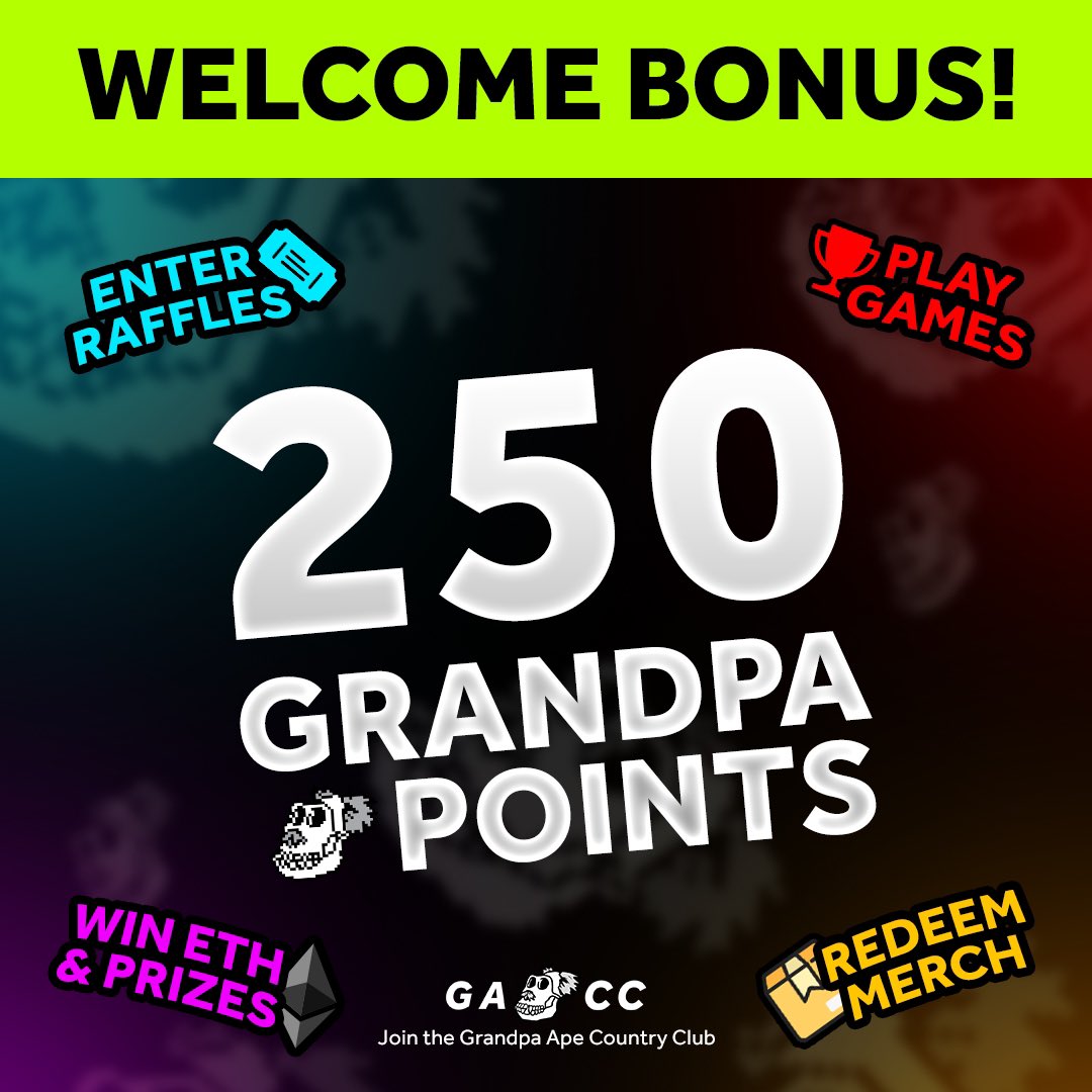 🚨🔥 WELCOME TO THE GREENS🔥🚨

We are proud to announce our “New Member Bonus!” Join the Greens and claim your first 250 Grandpa Points when you enroll! Use GP for contests, games, raffles and exchange for merch, #NFT’s and more! 

Come see what the fun is about! #GACC #MACC