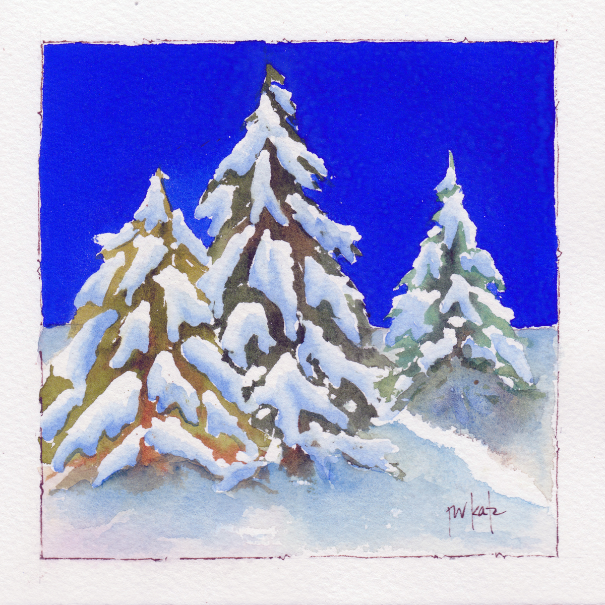 ‘Frosty Friends’ -  the Day 2 Release in the Blue Sky Series featuring nine paintings in nine days. This 6x6 original watercolor on paper is mounted on an 8x8 mat board and priced at $75 (shipping and taxes included). See link for how to make it yours. pauseworks.com/patkatzartwp/r…