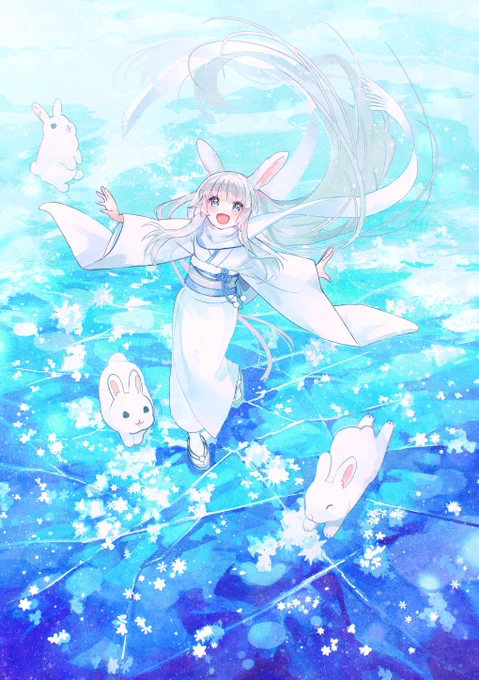 白うさぎと湖面に咲く雪の花、 