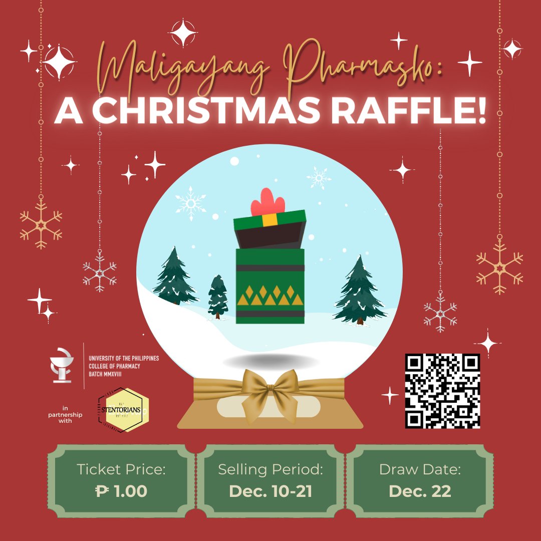 UPCP2018's tweet photo. It’s the most beautiful time of the year to get a chance to win amazing gifts and prizes with Maligayang Pharmasko: A Christmas Raffle! 🎁🎄

🎟️ 1 TICKET = 1.00 PESO 🎟️ 
REGISTER HERE FOR TICKETS👇
https://t.co/usUeaVA72B

🏆 Draw Date: December 22, 2022 https://t.co/joVXydt1Wa