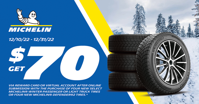 etireman's tweet photo. Get $70 after online submission with the purchase of 4 new select Michelin winter tires or 4 new Defender®2 tires at Tireman! Offer valid 12/10/22 - 12/31/22. No other discounts apply. See redemption instructions for complete details. Shop now: https://t.co/nzsKclHAtS https://t.co/n6LOLh8an3