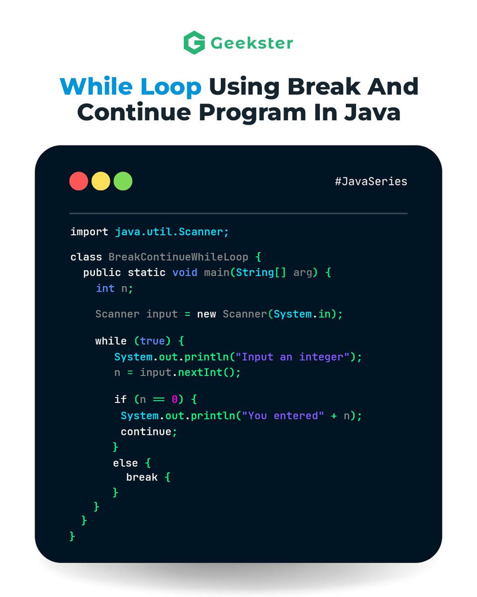 geekster_in's tweet image. Its time for the #javaseries
.
While Loop Using Break &amp;amp; Continue Program In Java🤓
.
Save this post now 💡

#java #programmers #coding #codingisfun #fullstack #geekster #tech