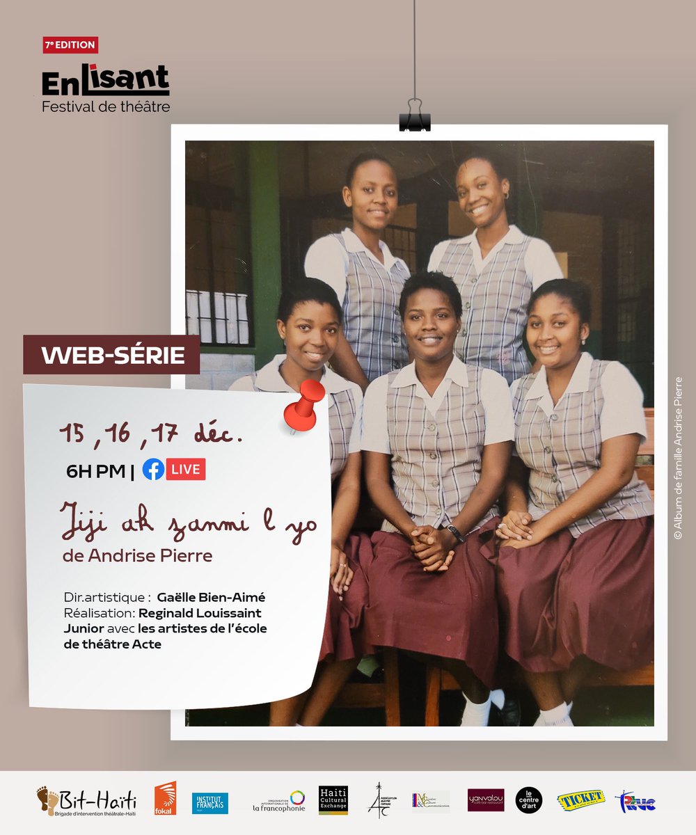 enlisantfest's tweet photo. 📌 Web-Série avec @Gaelleactrice, @raypakle et @actehaiti. 
3 épisodes de la web-série Jiji ak zanmi l yo de Andrise Pierre seront diffusés en ligne les 15,16 et 17 décembre 2022 a 6 heures PM. 

Restez branchés les pages FaceBook de nos partenaires pour le visionnage. https://t.co/W7sKh7EpFb