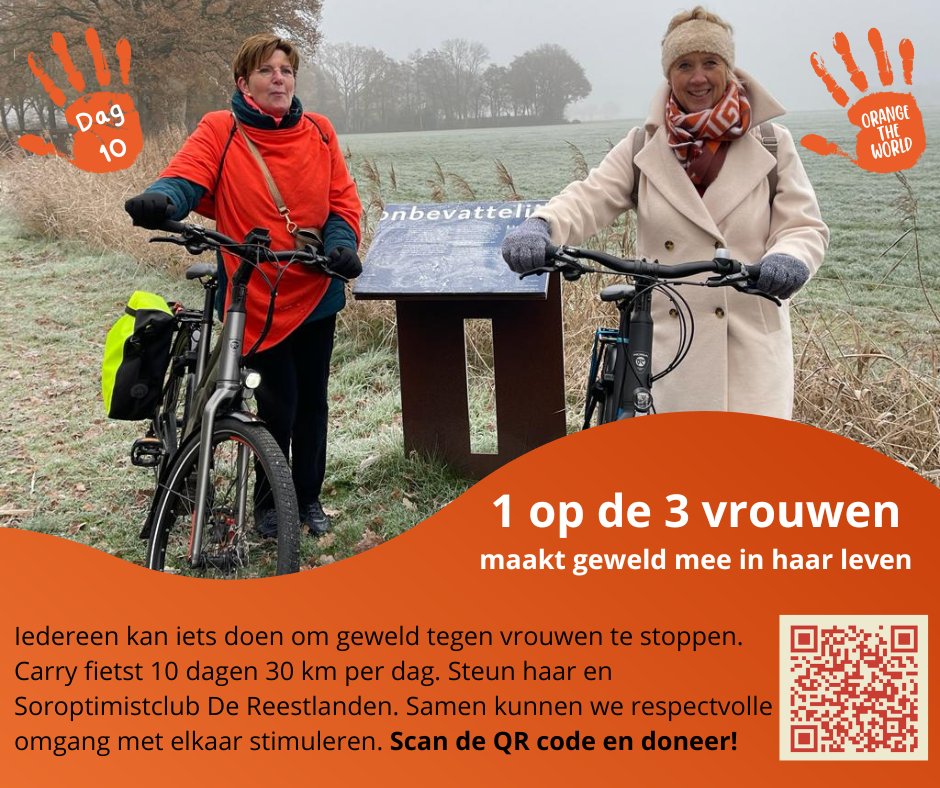 SorDeReest's tweet photo. Vandaag de laatste etappe. Carry fietste samen met #medestander burgemeester @IngeNieuwenhuiz @GemDeWolden  naar de @MuurTegenGeweld waar de afsluitingsceremonie plaatsvond. Ze sprak indringende woorden waarbij ze haar steun betuigde aan de actie.
#OrangetheWorld @NLSoroptimist https://t.co/OokzpauCbG