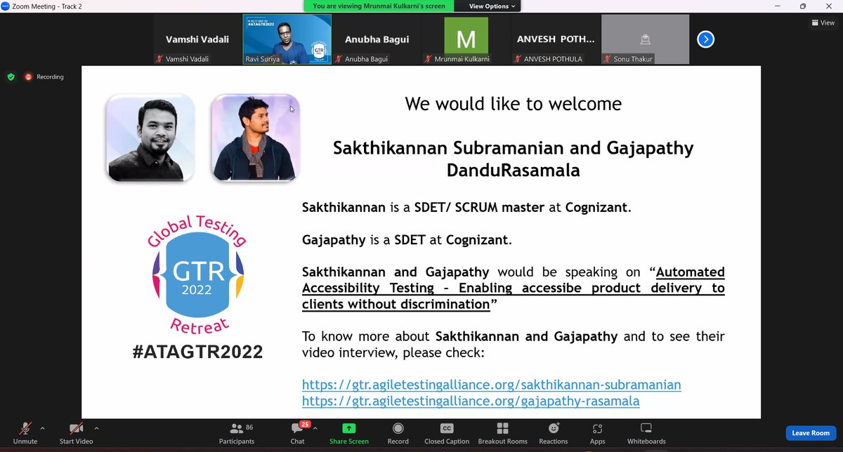 Next on board we have Sakthikannan Subramanian and Gajapathy DanduRasamala on 'Automated Accessibility Testing - Enabling accessible product delivery to clients without discrimination'. 

The will be covering all the Whys and Whats. Join us!

#atagtr #gtr2022 #atagtr2022