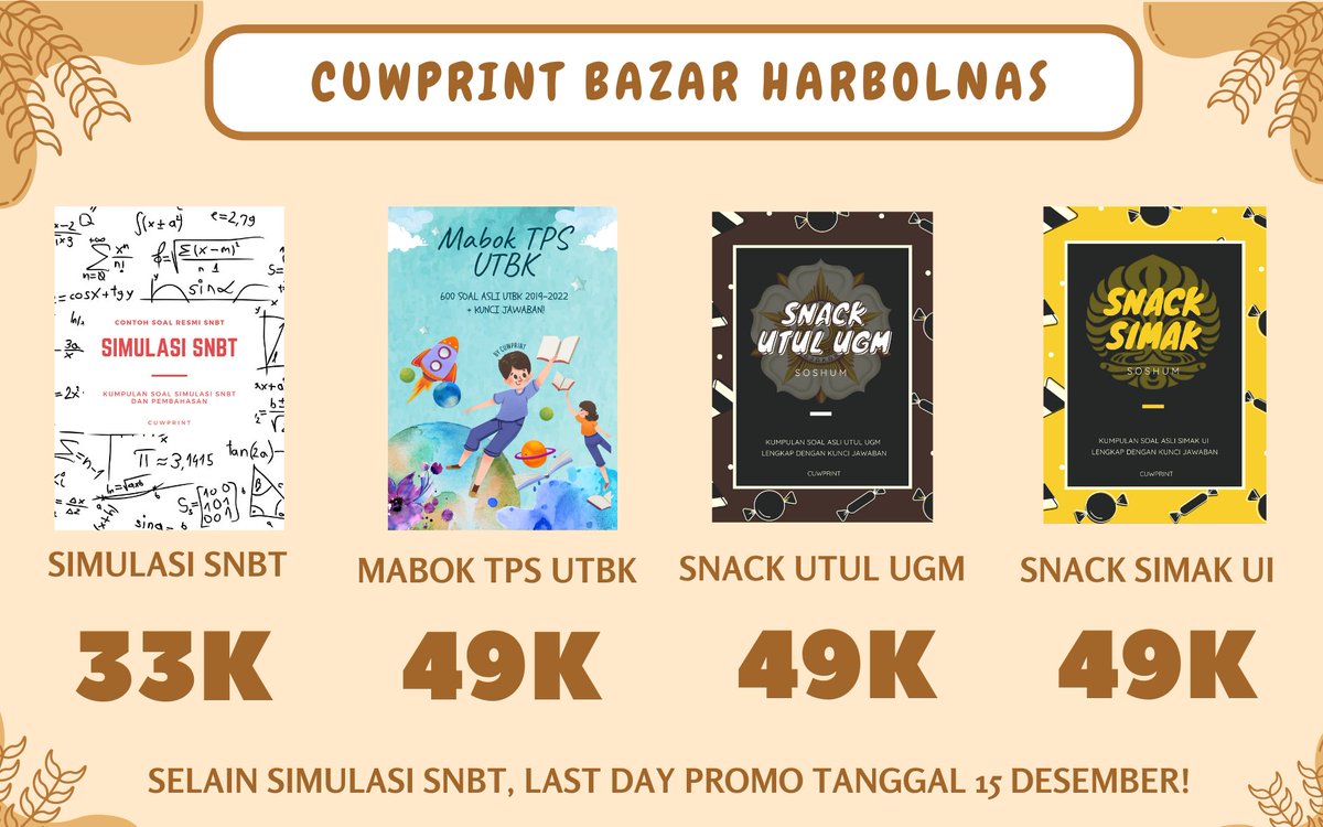 sbmptnfess's tweet photo. 12.12 nanti bingung mau checkout apaa?

GASSSSS DEH MAMPIR KE @cuwprint !!
Lagi ngadain DISKON GILA-GILAAN selama 5 hari kedepann🔥

Amunisi SNBT &amp; Ujian Mandiri ganyampe 50k🥲
Testimoni dah banyakk bukan tipu-tipuu!

Langsung mampir aja yaa ke Shopee/Tokpednya @cuwprint 🫶 https://t.co/3VrVm8UV44