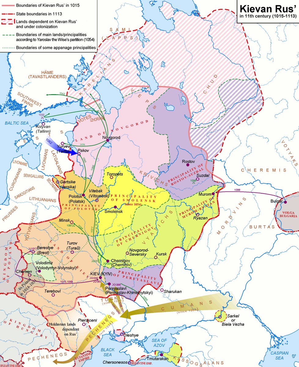 The Rus' state divided amongst the sons of Vladimir in 1013, taken from https://en.wikipedia.org/wiki/Principality_of_Pereyaslavl#/media/File:Kievan-rus-1015-1113-(en).png