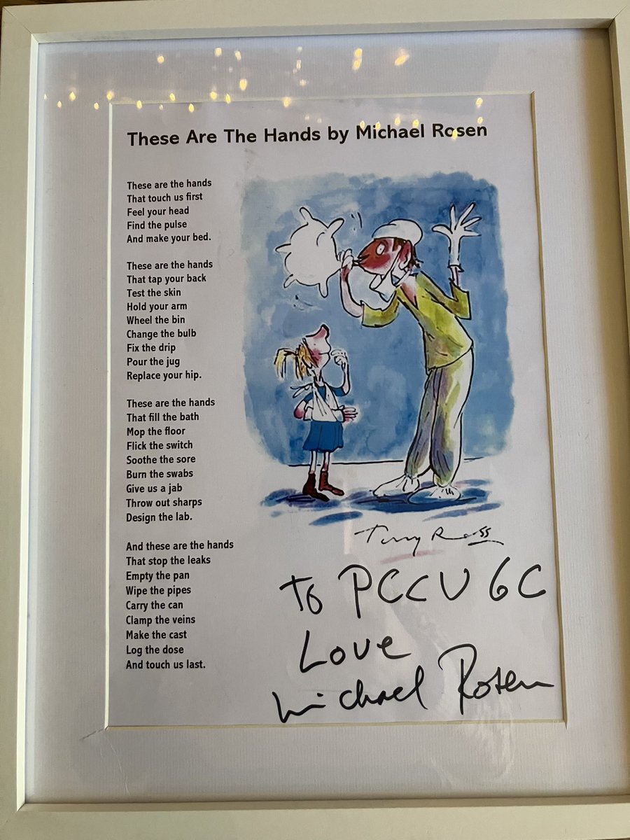 Thank you to the incredible Micheal Rosen for signing your poem for us, looking forward to hanging that on Monday. Your lovely book “Many different kinds of love.” Has been so helpful for me and my NHS colleagues. @TheWansteadtap @RLHchildren @FIONAPARKER5 @KathEvans2