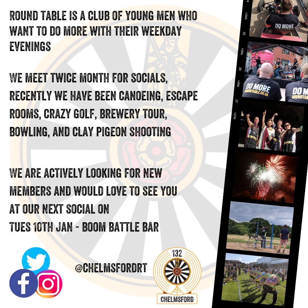 What is the Round Table❓️
Yes we are a group of lads looking to get out twice a month, to do something more on midweek evening and to escape from the pressures of everyday life. 
Join us at our next social on the 10th Jan at Boom Battle Bar DM for more details