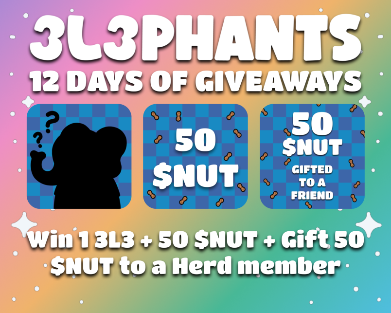 3L3NFT's tweet image. 🚨 12 DAYS OF GIVEAWAYS #1 🚨

Day 1/Prize 1 gets you this awesome robot sweaty 3L3 cyclops + 50 $NUT!

If you win you must choose an 3L3 holder to receive a gift with you 🥜

To enter:
- Like &amp;amp; RT
- Follow @3L3NFT 
- Tag a Herd

End: 2 hours 👀

Notifications on ✅

#3L3Xmas
