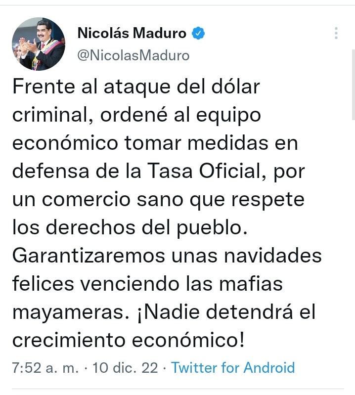 🔵 #AHORA | Presidente Nicolás Maduro ordena al equipo económico tomar medidas en defensa de la Tasa Oficial frente al "dólar criminal".

"Por un comercio sano que respete los derechos del pueblo", apuntó el Jefe de Estado.