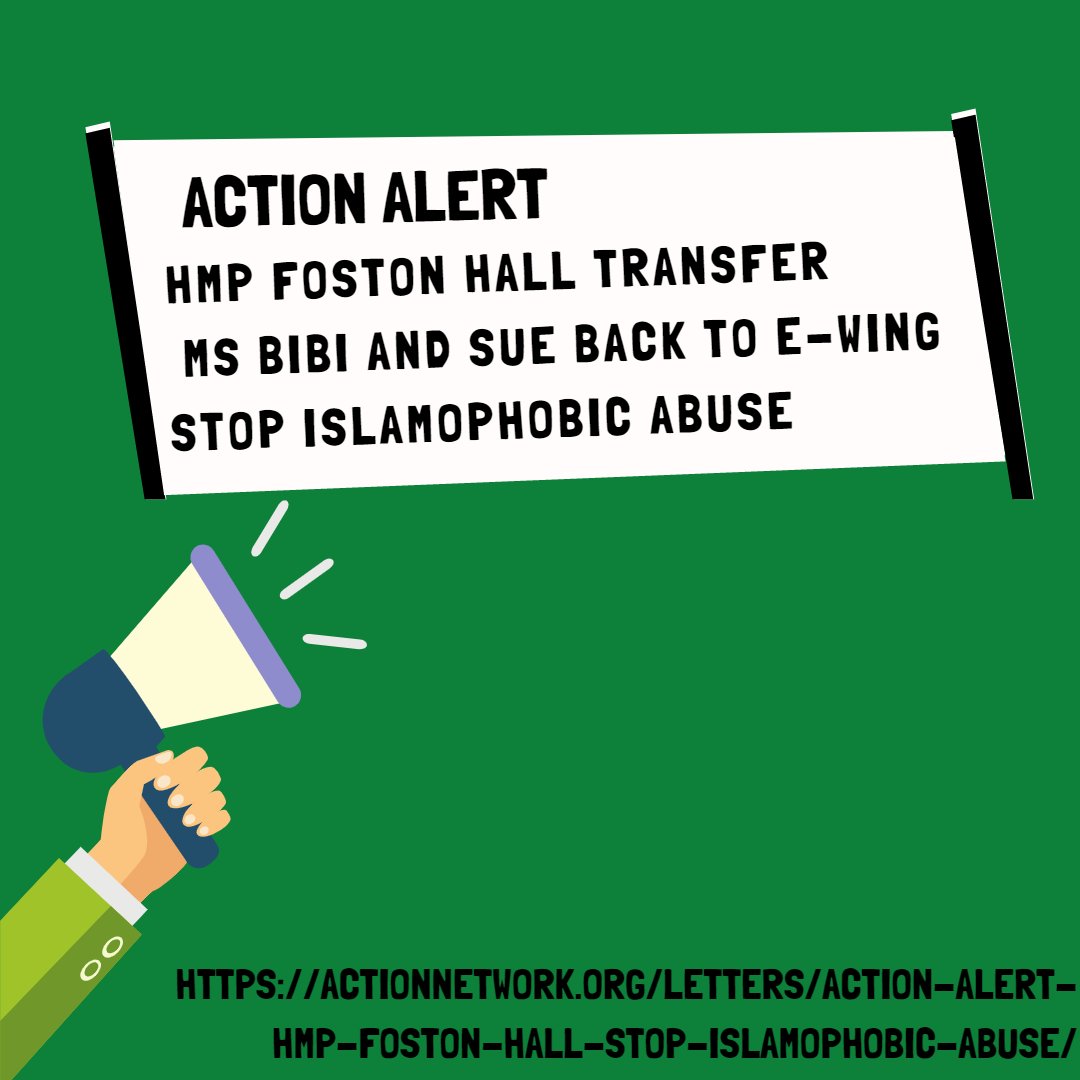 📢Action Alert 📢

HMP Foston Hall are targeting and harassing Ms. Bibi. She is being targeted as Muslim, penalised because she was praying. 

She has been transferred to a wing that is freezing cold &amp; without room to pray

Please take action now &amp; share!

actionnetwork.org/letters/action…