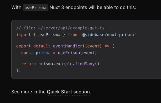 sidebase_io's tweet photo. 🚀 nuxt-prisma, release time

We've just released an early version of a @nuxt_js 3 + @prisma module that offers a smooth prisma + nuxt integration.

We will use it in our upcoming, big iteration of our sidebase starter. You can already test-drive it today: https://t.co/r32Se1gYW7 https://t.co/ONnrpTTRVR