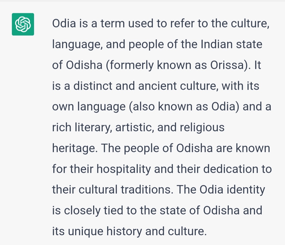 #ChatGPT answers to what is  Odia identity?
