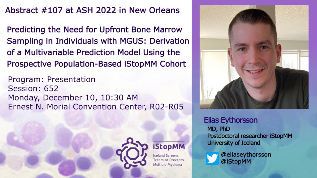 Predicting the need for upfront bone marrow sampling in MGUS. @eliaseythorsson will tell you all about it in approx 3 hours. 

He will present a risk score that is available online! Don't miss it! #ASH22