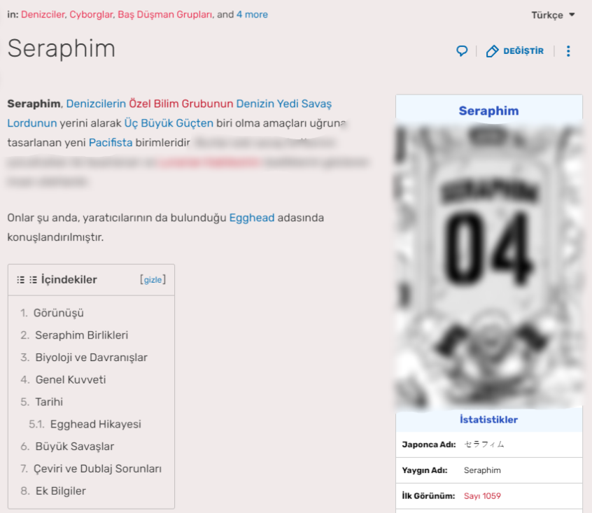 Mangada son sayılarda görmeye başladığımız bu yeni silahları merak edenler elbette olmuştur.
Sizler için Seraphim'ler sayfasını ve görünen tüm Seraphim'lerin makalelerini çevirdik.
İyi okumalar...
onepiece.fandom.com/tr/wiki/Seraph…