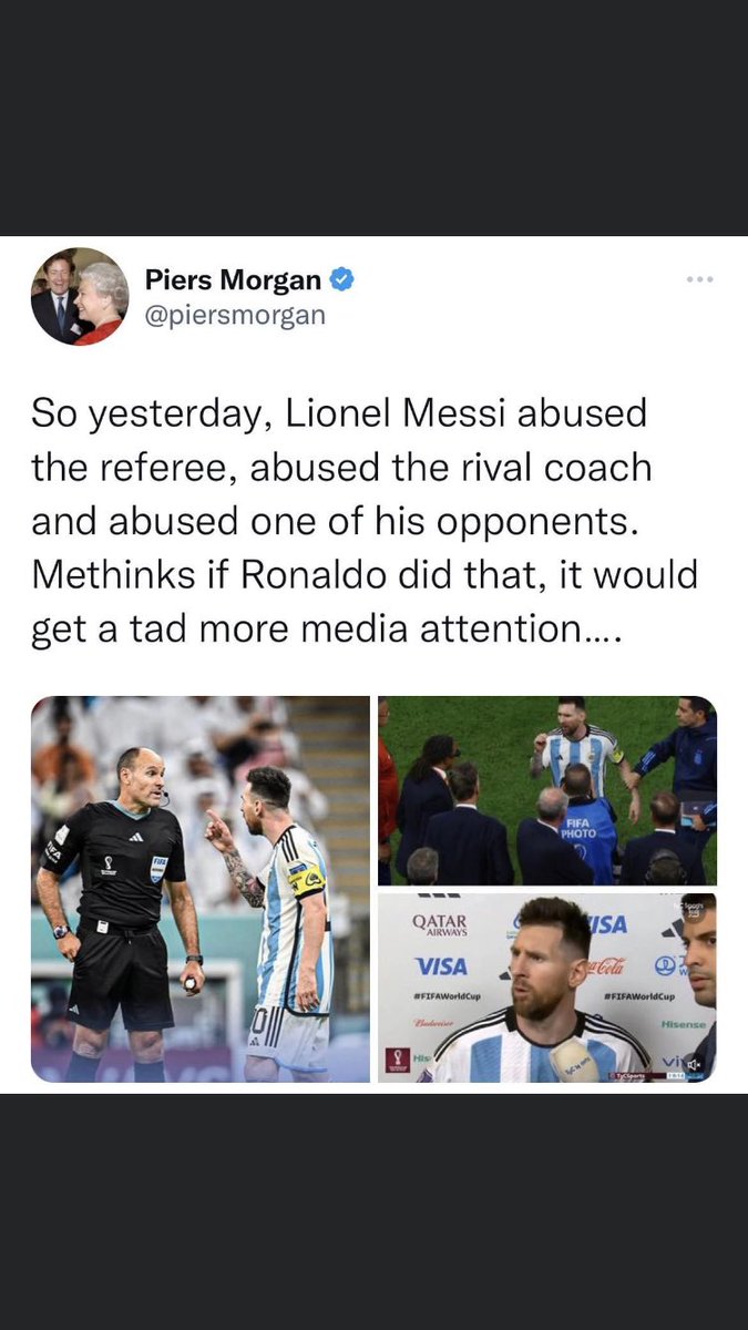 JamesShockz's tweet photo. Wouldn’t be fan of piers Morgan but I would have to agree with him on this! #Messi𓃵 #CR7𓃵 #WorldCup2022 https://t.co/cJfYu7Jjgi