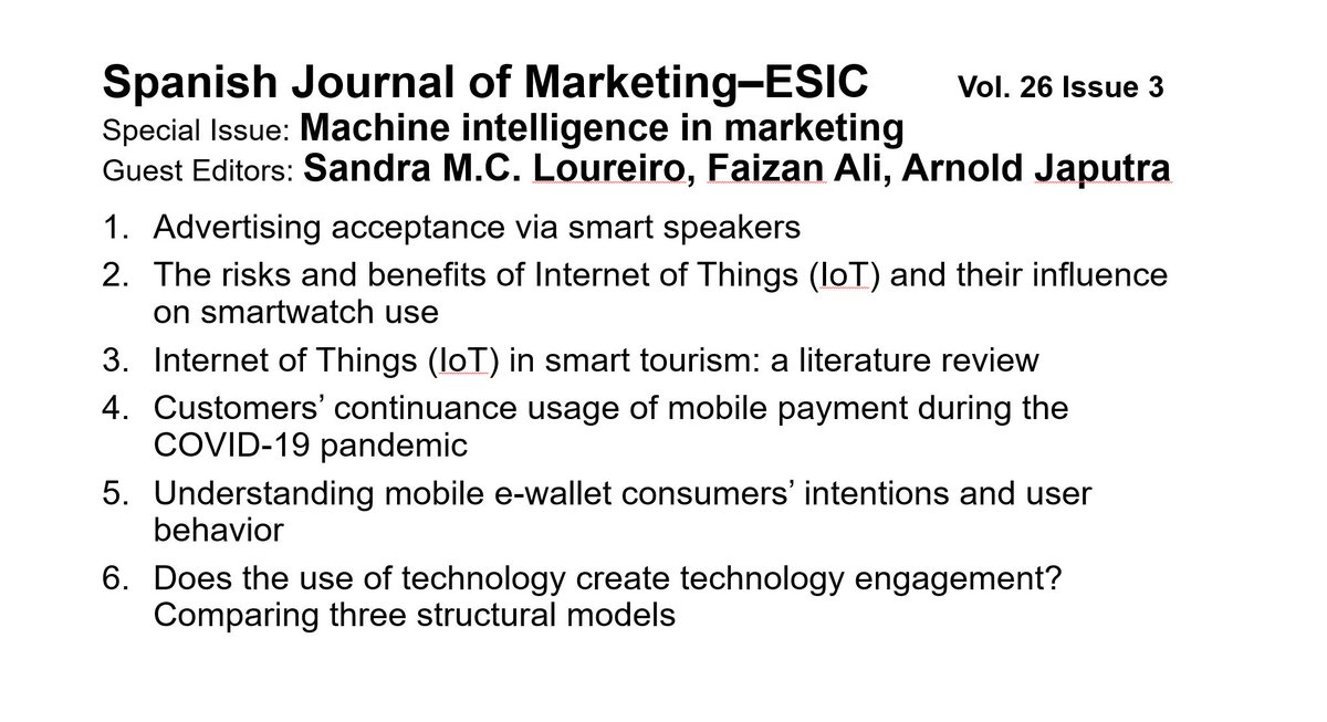 <a href="/SJM_ESIC/">Spanish Journal of Marketing - ESIC</a> SI “Machine intelligence in marketing”
Guest Editors <a href="/sandramloureiro/">Sandra Loureiro</a> <a href="/AliFaizanali7/">Dr. Faizan Ali</a> <a href="/arnoldjaputra/">Arnold Japutra</a>
100% #openaccess 

bit.ly/3Piwp2U
bit.ly/3YbfqUo
bit.ly/3BopuQj 
bit.ly/3FDuR0r 
bit.ly/3iRwCya 
bit.ly/3BsM7Tx