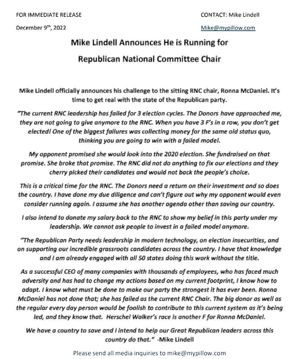 Mike Lindell’s press release formally announcing his candidacy for Chair of the RNC.
