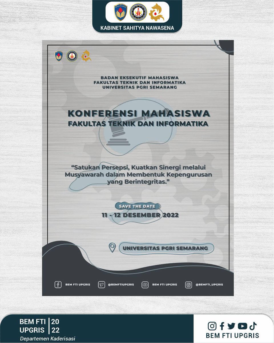 bemfti_upgris's tweet photo. Konferensi BEM FTI 2022 kali ini dengan tema "Satukan Persepsi, Kuatkan Sinergi melalui
Musyawarah dalam Membentuk Kepengurusan yang Berintegritas." 
Save The Date:
📅: 11-12 Desember 2022
📍: Universitas PGRI Semarang https://t.co/HV4QfuUbSg