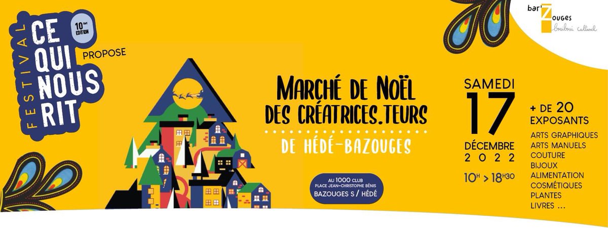 Qq jours avant Noël, venez découvrir plus de 20 exposants au #MarcheDeNoel des creatrices-eurs du #barzouges : arts graphique&amp;manuels, couture/tricot, peinture, linogravure, savons, plantes, livres, vin/bières/épicerie fine.
Restauration&amp;boissons sur place
Entrée libre &amp; gratuite