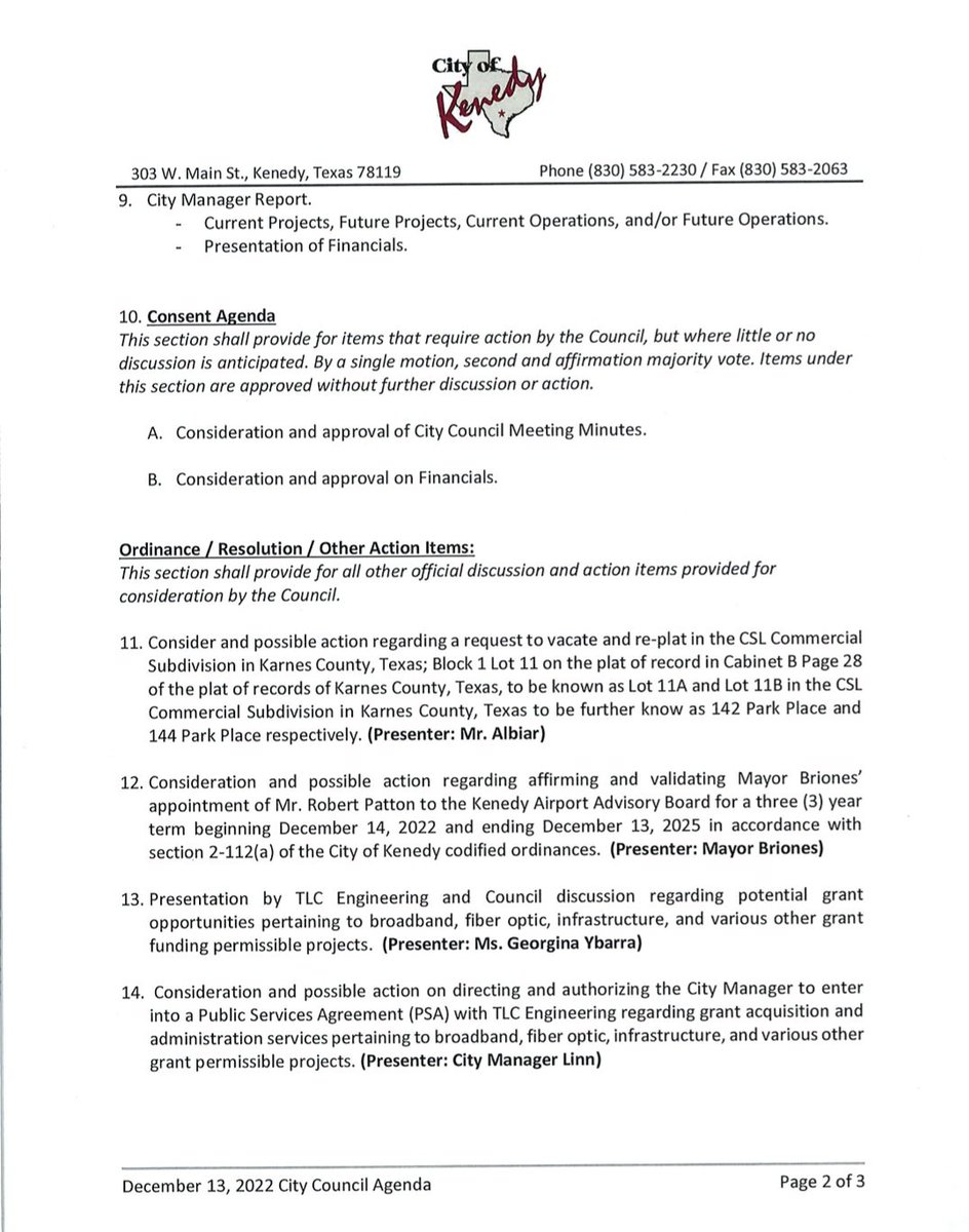 bertdistrict1's tweet photo. City of Kenedy 
Regular City Council Meeting 
December 13, 2022-6:00 P.M.
City Auditorium in the
Ruhman C. Franklin Municipal Building https://t.co/DYIvFRdifw